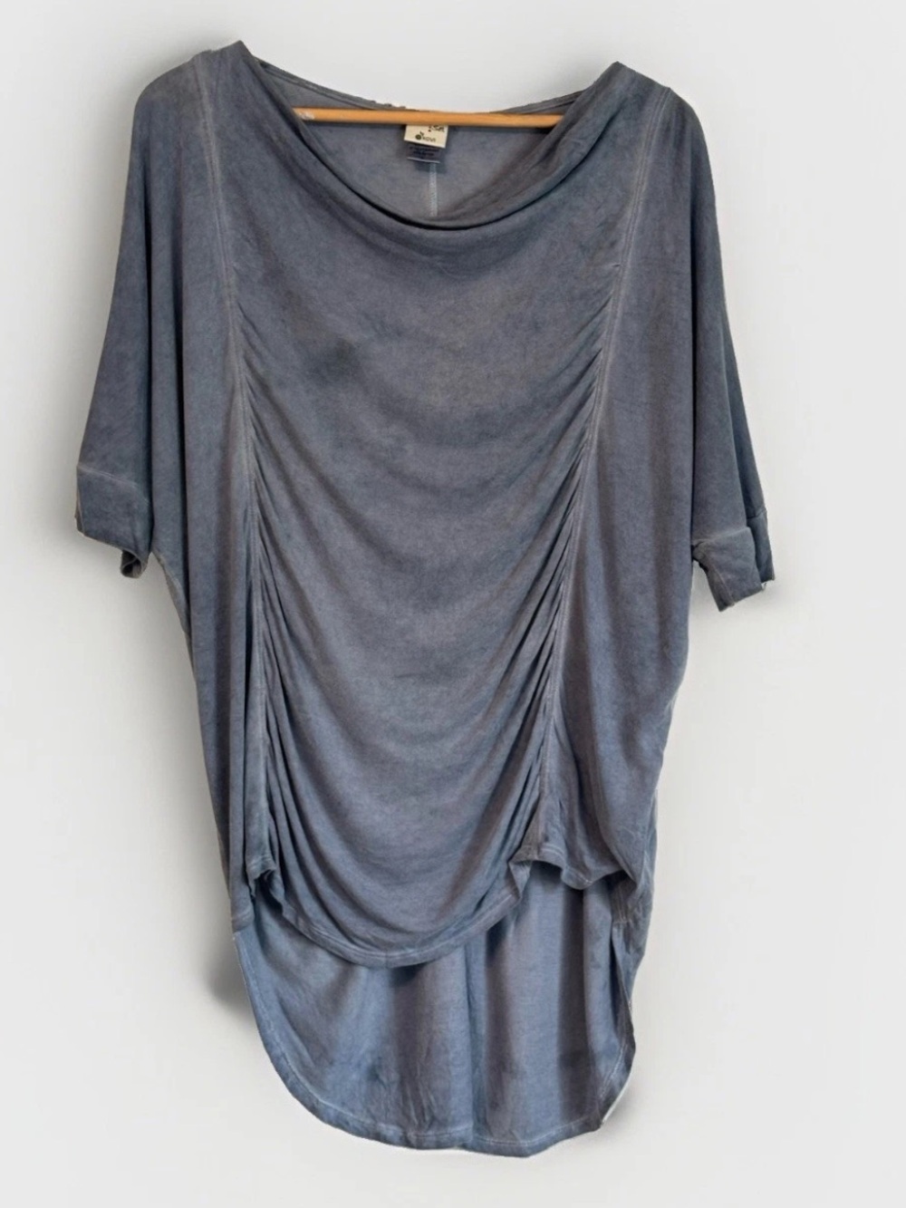 XCVI Blue Gray Slouchy Drape Rayon Hi Lo Tunic Top Large Half Sleeves Worn Wash